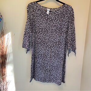 H & M White Label Dress Tunic Brown and Ivory Floral Print Cold Shoulder 10 Med